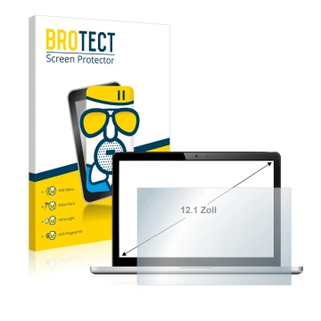 Front side of a product packaging with the brand logo BROTECT. Next to it is the device shown with the corresponding screen pr