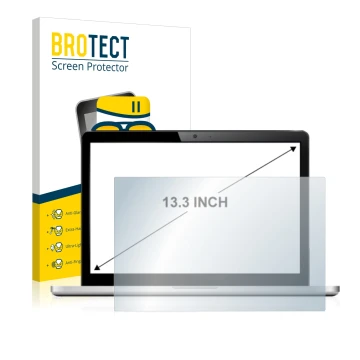 Front side of a product packaging with the brand logo BROTECT. Next to it is the device shown with the corresponding screen pr
