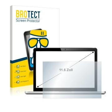 Front side of a product packaging with the brand logo BROTECT. Next to it is the device shown with the corresponding screen pr