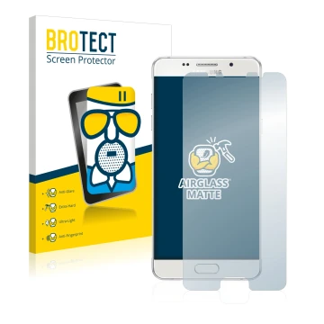 Front side of a product packaging with the brand logo BROTECT. Next to it is the device Samsung Galaxy A5 2016 shown with the 