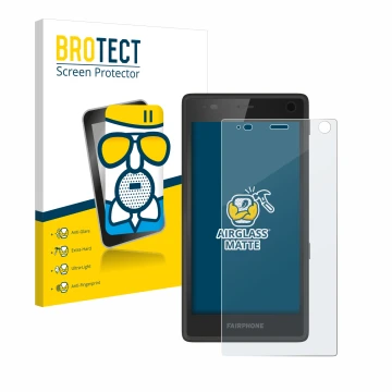 Front side of a product packaging with the brand logo BROTECT. Next to it is the device Fairphone 2 shown with the correspondi