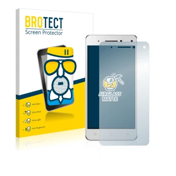 Front side of a product packaging with the brand logo BROTECT. Next to it is the device Lenovo Vibe S1 shown with the correspo