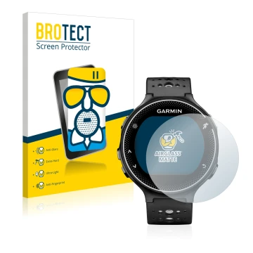 Front side of a product packaging with the brand logo BROTECT. Next to it is the device Garmin Forerunner 230 shown with the c
