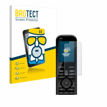 Front side of a product packaging with the brand logo BROTECT. Next to it is the device Logitech Harmony 950 shown with the co