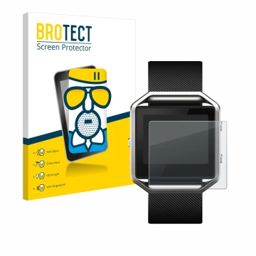 Front side of a product packaging with the brand logo BROTECT. Next to it is the device Fitbit Blaze shown with the correspond