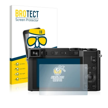 Front side of a product packaging with the brand logo BROTECT. Next to it is the device Panasonic Lumix DMC-TZ101 shown with t