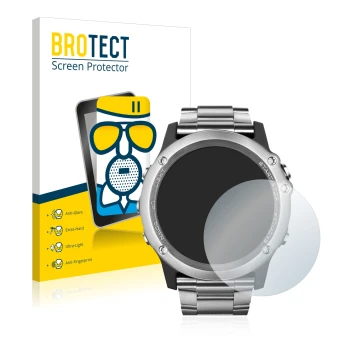 Front side of a product packaging with the brand logo BROTECT. Next to it is the device Garmin Fenix 3 Saphir shown with the c