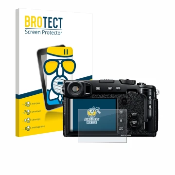 Front side of a product packaging with the brand logo BROTECT. Next to it is the device Fujifilm X-Pro2 shown with the corresp