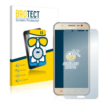 Front side of a product packaging with the brand logo BROTECT. Next to it is the device Samsung Galaxy J7 2016 shown with the 