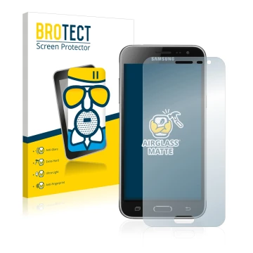 Front side of a product packaging with the brand logo BROTECT. Next to it is the device Samsung Galaxy J3 Duos 2016 shown with