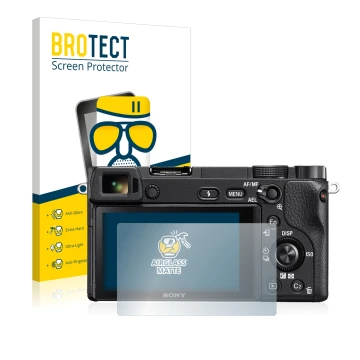 Front side of a product packaging with the brand logo BROTECT. Next to it is the device Sony Alpha 6300 shown with the corresp