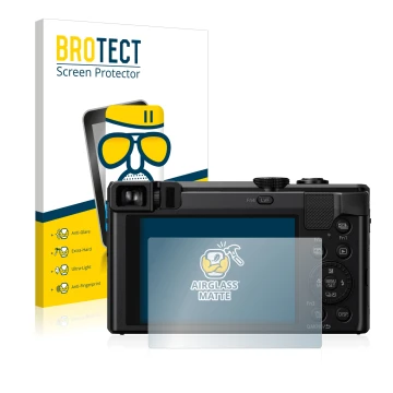 Front side of a product packaging with the brand logo BROTECT. Next to it is the device Panasonic Lumix DMC-TZ80 shown with th