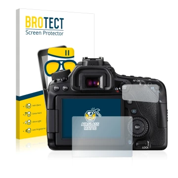 Front side of a product packaging with the brand logo BROTECT. Next to it is the device Canon EOS 80D shown with the correspon