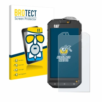 Front side of a product packaging with the brand logo BROTECT. Next to it is the device Caterpillar Cat S60 shown with the cor