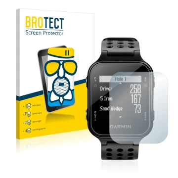 Front side of a product packaging with the brand logo BROTECT. Next to it is the device Garmin Approach S20 shown with the cor