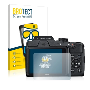 Front side of a product packaging with the brand logo BROTECT. Next to it is the device Nikon Coolpix B500 shown with the corr