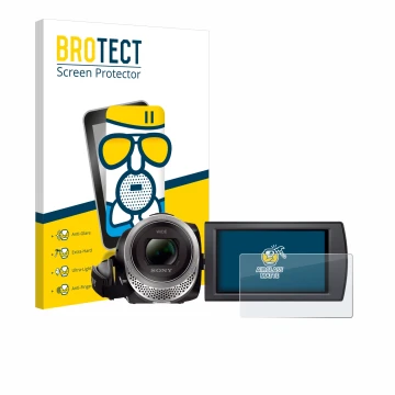 Front side of a product packaging with the brand logo BROTECT. Next to it is the device Sony FDR-AX53 shown with the correspon