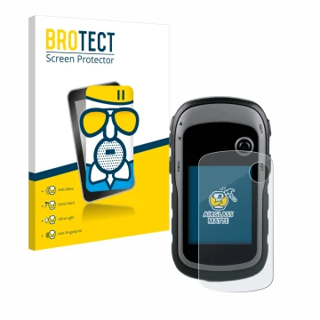 Front side of a product packaging with the brand logo BROTECT. Next to it is the device Garmin eTrex 30x shown with the corres