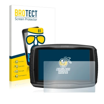 Front side of a product packaging with the brand logo BROTECT. Next to it is the device Garmin zumo 595LM shown with the corre