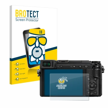Front side of a product packaging with the brand logo BROTECT. Next to it is the device Panasonic Lumix DMC-GX80 shown with th