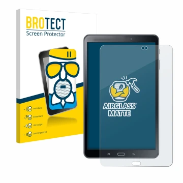 Front side of a product packaging with the brand logo BROTECT. Next to it is the device Samsung Galaxy Tab A 10.1 2016 SM-T585