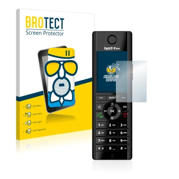 Front side of a product packaging with the brand logo BROTECT. Next to it is the device AVM Fritz!Fon C5 shown with the corres