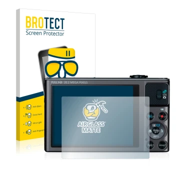 Front side of a product packaging with the brand logo BROTECT. Next to it is the device Canon PowerShot SX620 HS shown with th