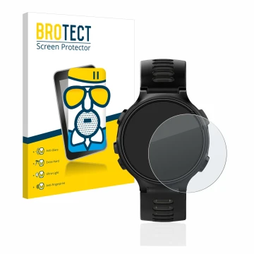 Front side of a product packaging with the brand logo BROTECT. Next to it is the device Garmin Forerunner 735XT shown with the