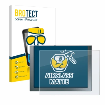 Front side of a product packaging with the brand logo BROTECT. Next to it is the device Siemens Simatic HMI KTP 1200 Basic sho