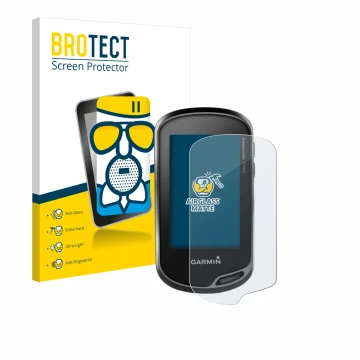 Front side of a product packaging with the brand logo BROTECT. Next to it is the device Garmin Oregon 750t shown with the corr