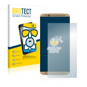 Front side of a product packaging with the brand logo BROTECT. Next to it is the device ZTE Axon 7 shown with the correspondin