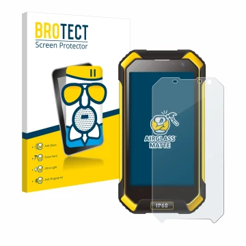 Front side of a product packaging with the brand logo BROTECT. Next to it is the device Blackview BV6000 shown with the corres