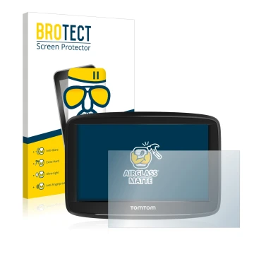 Front side of a product packaging with the brand logo BROTECT. Next to it is the device TomTom Start 52 shown with the corresp