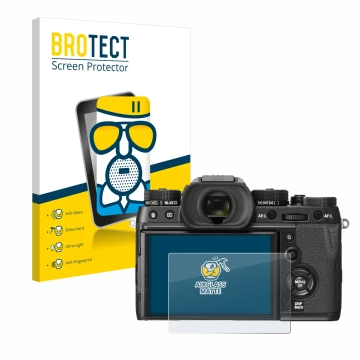 Front side of a product packaging with the brand logo BROTECT. Next to it is the device Fujifilm X-T2 shown with the correspon