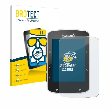 Front side of a product packaging with the brand logo BROTECT. Next to it is the device Garmin Edge 820 shown with the corresp