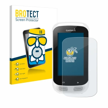 Front side of a product packaging with the brand logo BROTECT. Next to it is the device Garmin Edge Explore 1000 shown with th