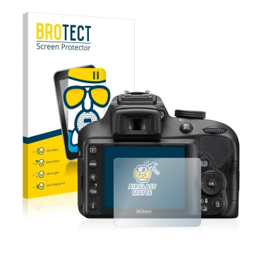 Front side of a product packaging with the brand logo BROTECT. Next to it is the device Nikon D3400 shown with the correspondi
