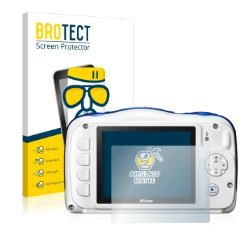 Front side of a product packaging with the brand logo BROTECT. Next to it is the device Nikon Coolpix W100 shown with the corr