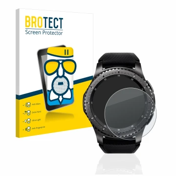 Front side of a product packaging with the brand logo BROTECT. Next to it is the device Samsung Gear S3 Frontier shown with th