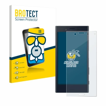 Front side of a product packaging with the brand logo BROTECT. Next to it is the device Sony Xperia X Compact shown with the c