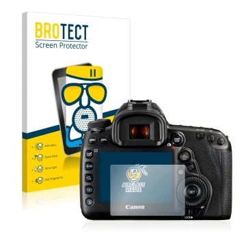 Front side of a product packaging with the brand logo BROTECT. Next to it is the device Canon EOS 5D Mark IV shown with the co