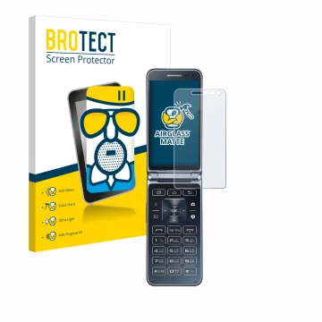 Front side of a product packaging with the brand logo BROTECT. Next to it is the device Samsung Galaxy Folder 2 shown with the