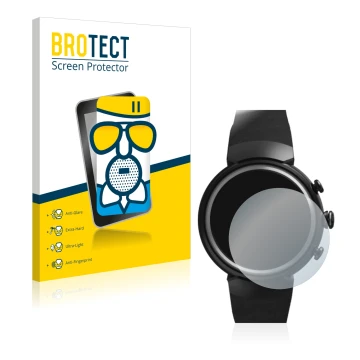 Front side of a product packaging with the brand logo BROTECT. Next to it is the device ASUS ZenWatch 3 1.39