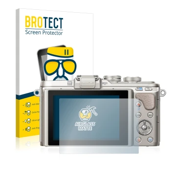 Front side of a product packaging with the brand logo BROTECT. Next to it is the device Olympus PEN E-PL8 shown with the corre