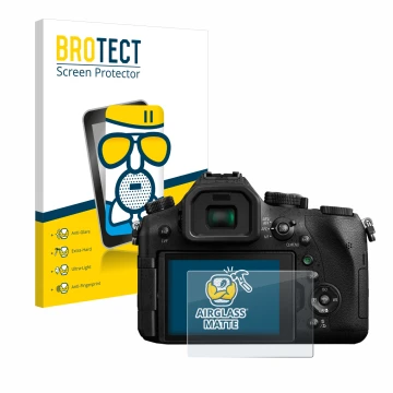 Front side of a product packaging with the brand logo BROTECT. Next to it is the device Panasonic Lumix DMC-FZ2000 shown with 