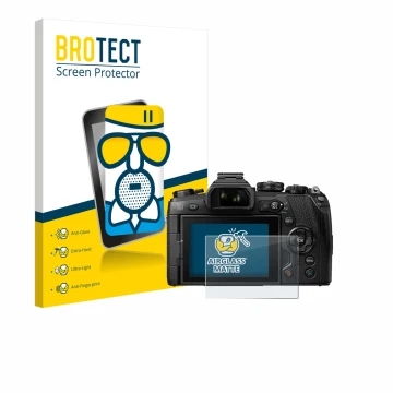 Front side of a product packaging with the brand logo BROTECT. Next to it is the device Olympus OM-D E-M1 Mark II shown with t