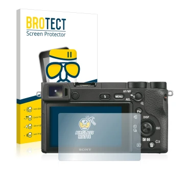 Front side of a product packaging with the brand logo BROTECT. Next to it is the device Sony Alpha 6500 shown with the corresp
