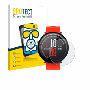 Front side of a product packaging with the brand logo BROTECT. Next to it is the device Huami Amazfit Pace shown with the corr
