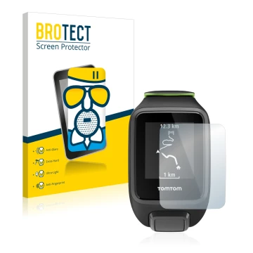 Front side of a product packaging with the brand logo BROTECT. Next to it is the device TomTom Runner 3 shown with the corresp