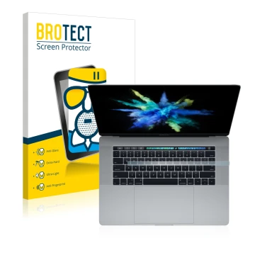 Front side of a product packaging with the brand logo BROTECT. Next to it is the device Apple MacBook Pro 15